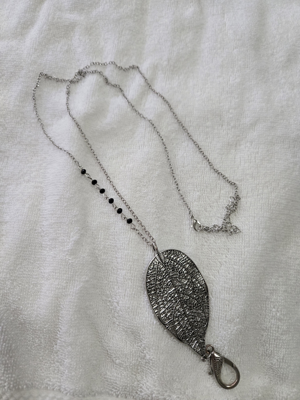 Silver Leaf Pendant Necklace with Black Bead Accents